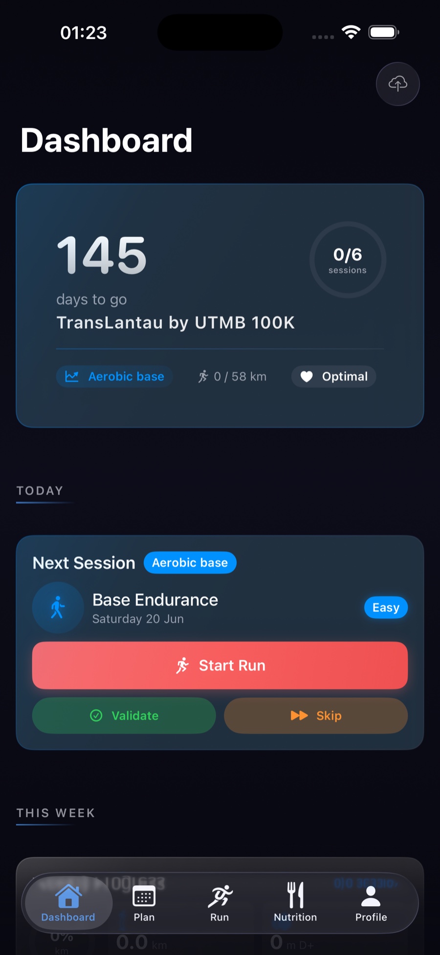 UltraTrain dashboard showing race countdown and today's session