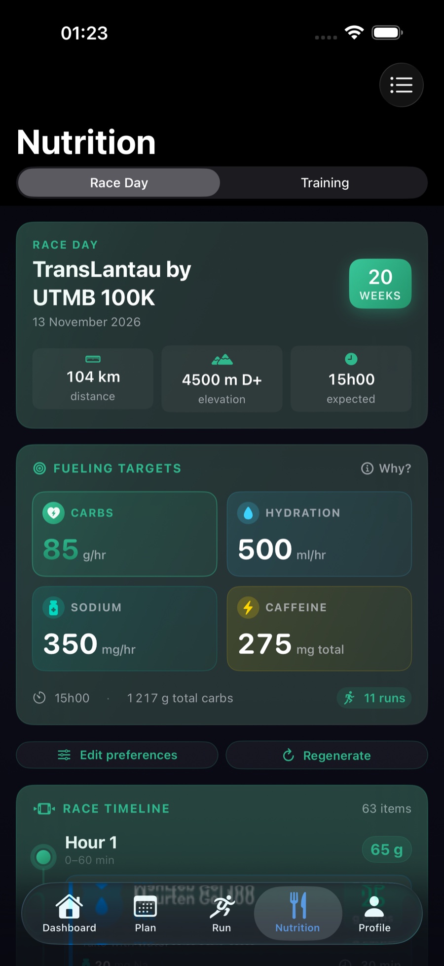 UltraTrain race-day nutrition targets and fueling timeline