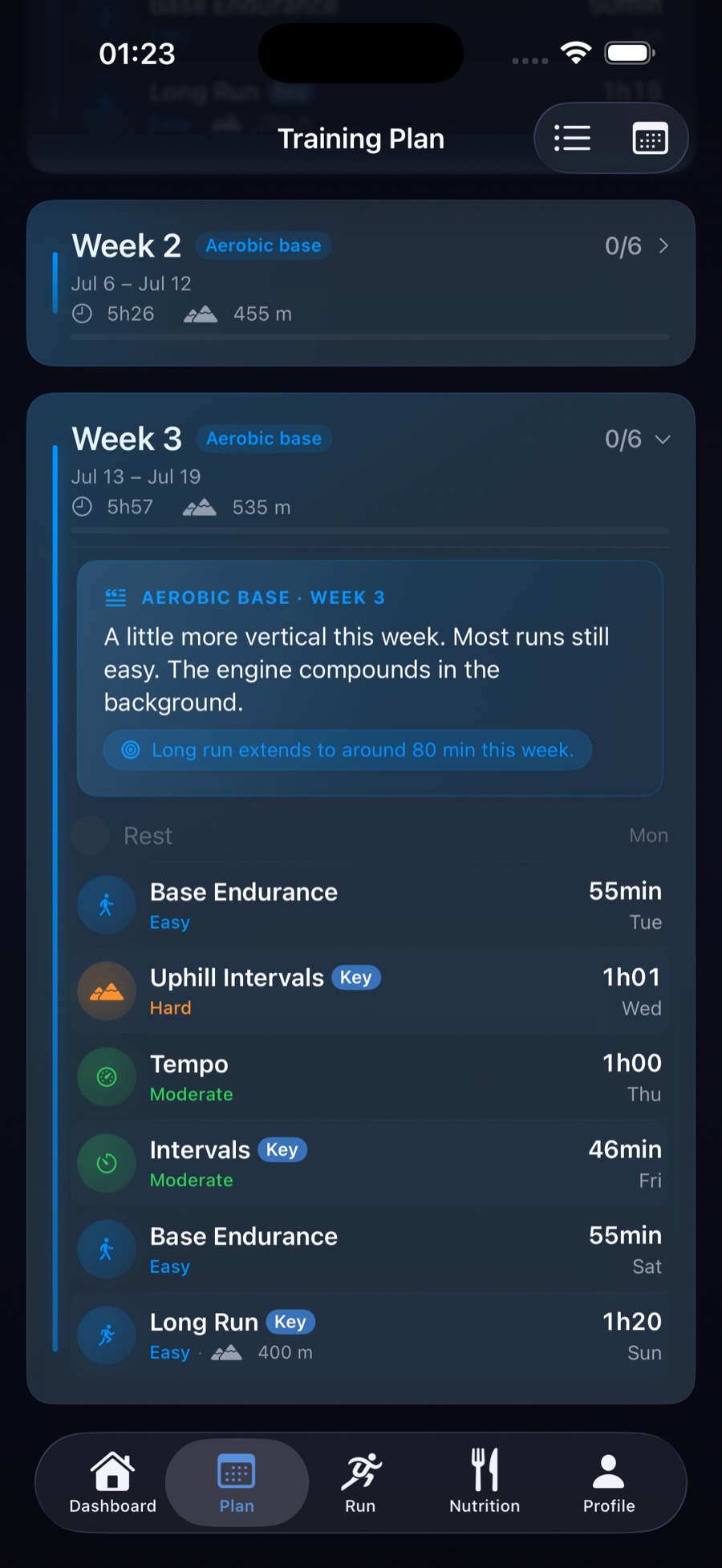 UltraTrain training plan screen showing a 24-week periodized plan